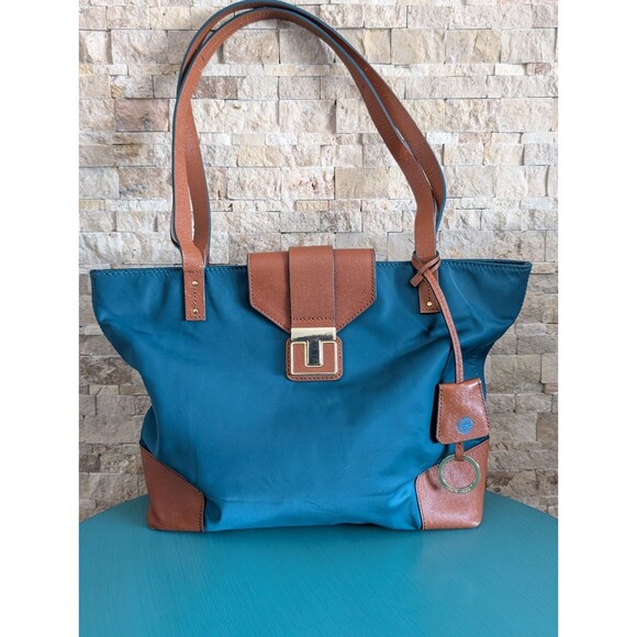 Tory Burch Handbags - Tory Burch Penn Nylon Faux Leather 14" Tote Shoulder Bag Teal Brown GUC